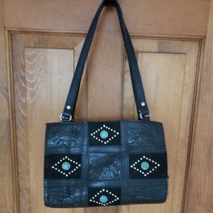 Southwest Indian Tooled Leather and Turquoise Stone Inlay Purse